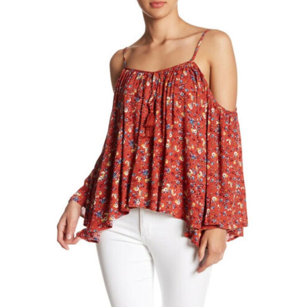 Socialite Red Floral print Off the shoulder Wide Sleeve Blouse M